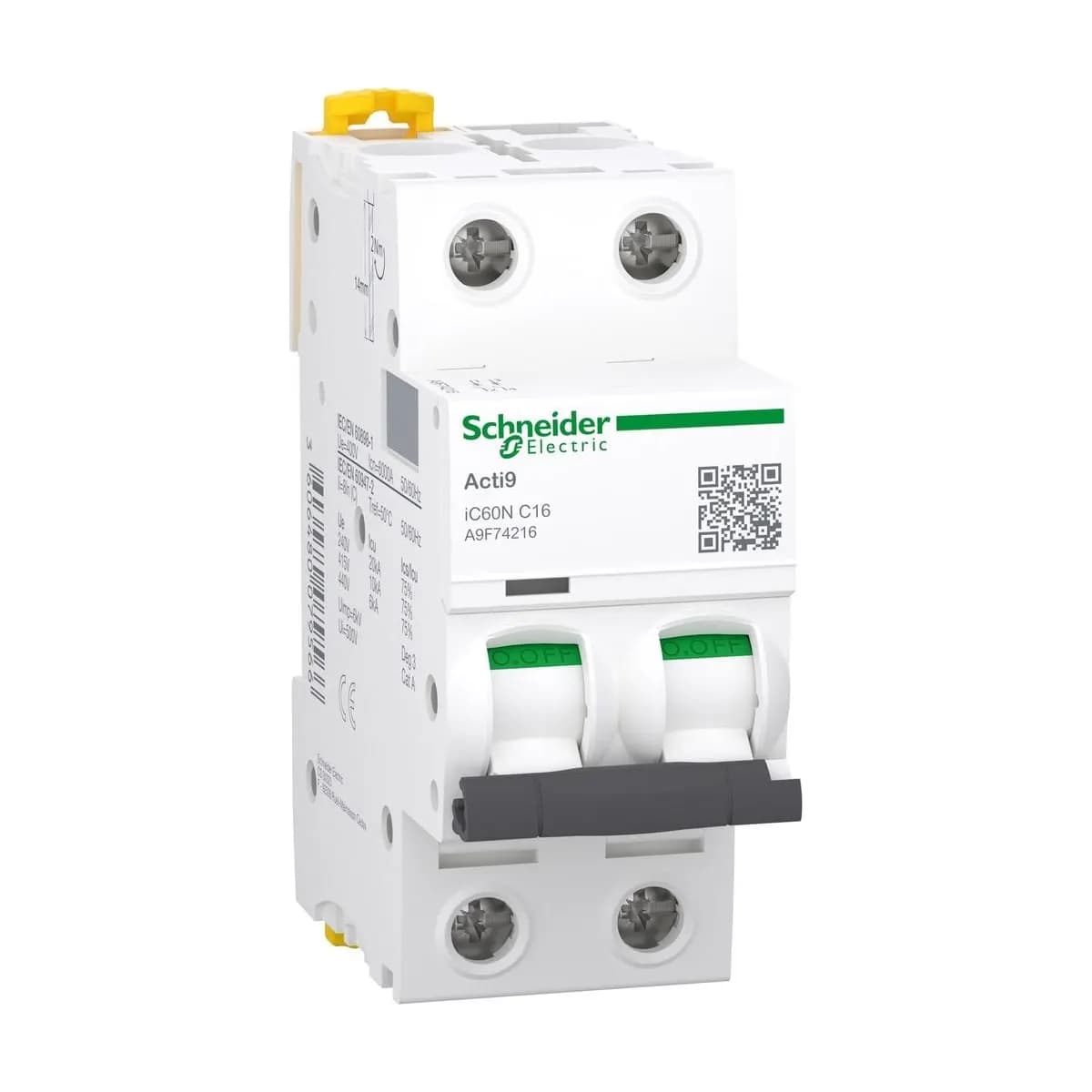 Schneider Electric A9F74216 Acti9 iC60N miniature circuit breaker, 2P, 16 A, C curve
